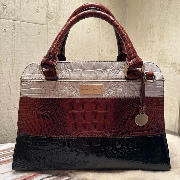Brahmin White, Brown, and Black Crocodile-Embossed Satchel - Picture 2 of 12